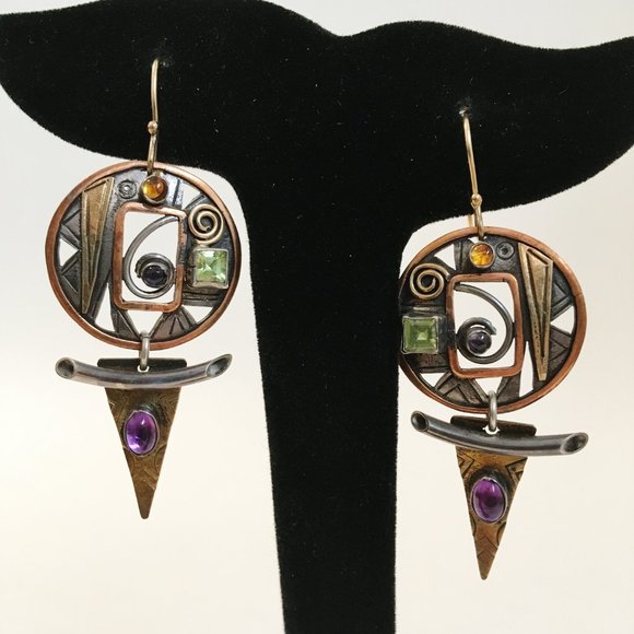 Peridot Amethyst Earrings Unique Mixed Metal Handcrafted Pierced Dangle New Gift - Picture 3 of 6